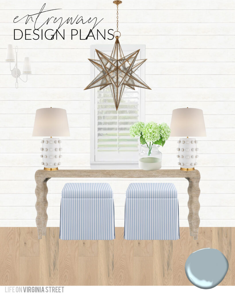 Florida Design Plan Ideas for an entryway with white shiplap walls, a whitewashed rope console table, blue striped skirted ottomans, Moravian star chandelier, faux hydrangeas, and white oak hardwood floors.
