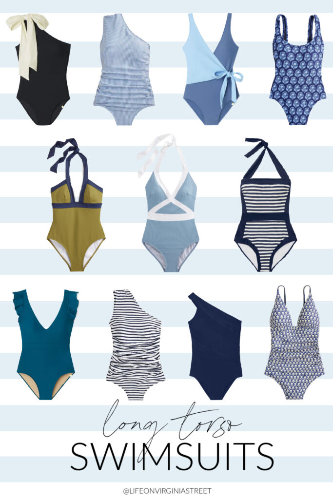 Cute long torso swimsuits in shades of blue, green, and black. Includes halter swimsuits, wrap swimsuits, ruffle swimsuits, one-shoulder swimsuits and more!