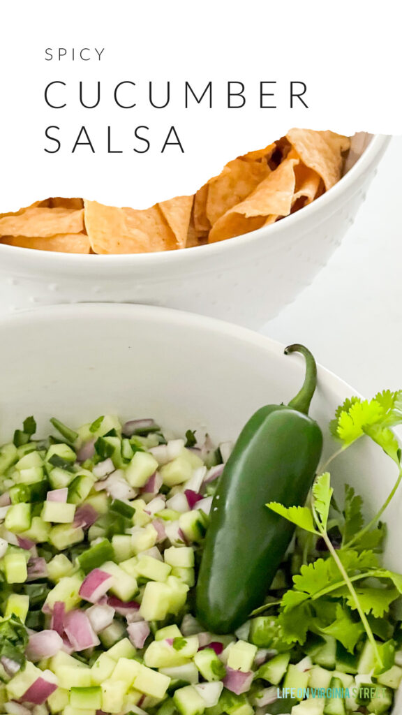 This spicy cucumber salsa is made with fresh ingredients like cucumber, red onion, lime juice, cliantro and jalapenos! It's the perfect salsa for summer!