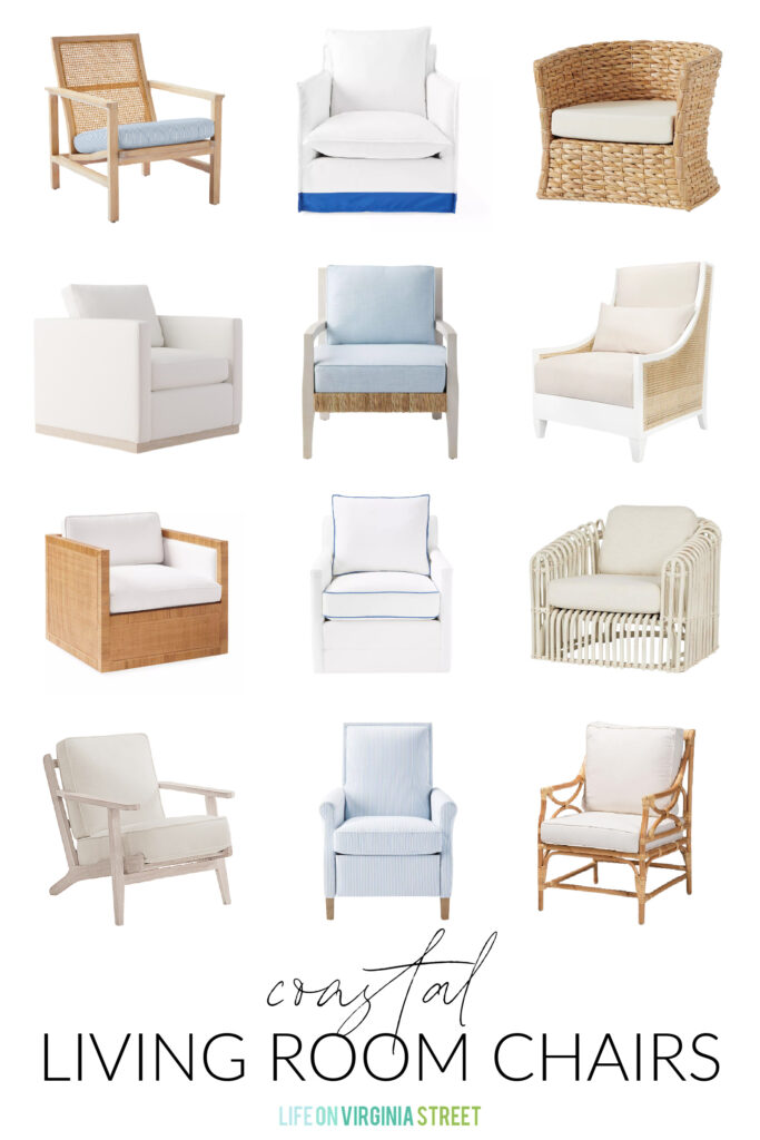 A collection of beautiful coastal living room chairs, made of rattan, upholstery, cane, wicker, wood, and more! Includes blue, white, natural, and more, all at a variety of price points.