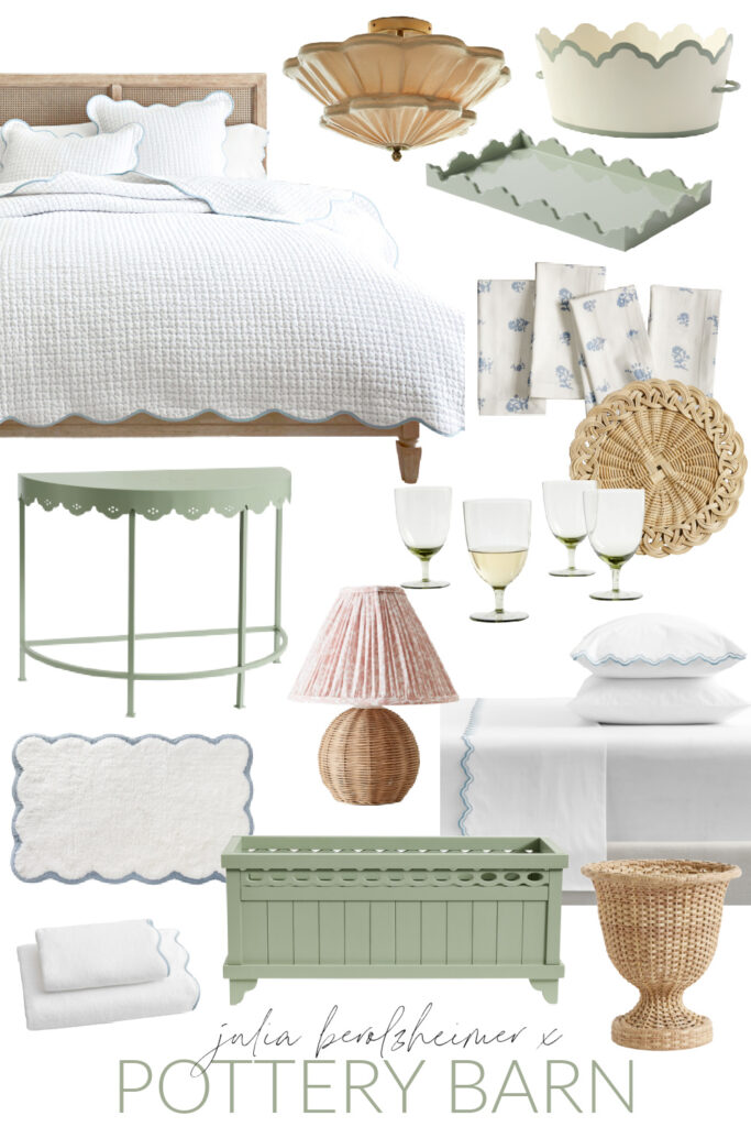 My favorite coastal decor and grandmillennial picks from the Julia Berolzheimer collection at Pottery Barn. Includes scalloped bedding, wicker lamps, scalloped trays, scalloped towels, wicker planters, linen light fixtures and more!