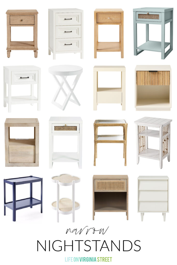 A collection of narrow nightstands, many that would work with coastal decor. Most of these side tables are 20" wide or less and include rattan nightstands, wood tables, rope accents, and more!
