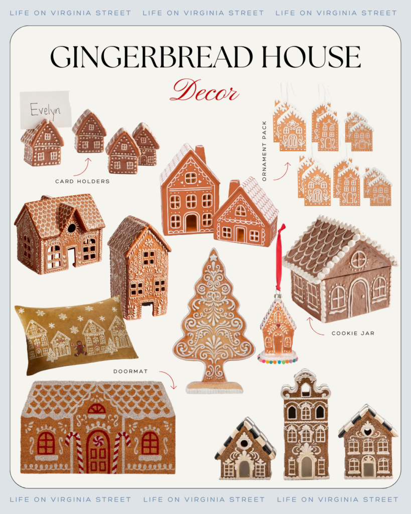 Gingerbread house decor finds including place card holders, ornaments, cookie jars, mini houses, doormats and more! Perfect for holiday decorating!