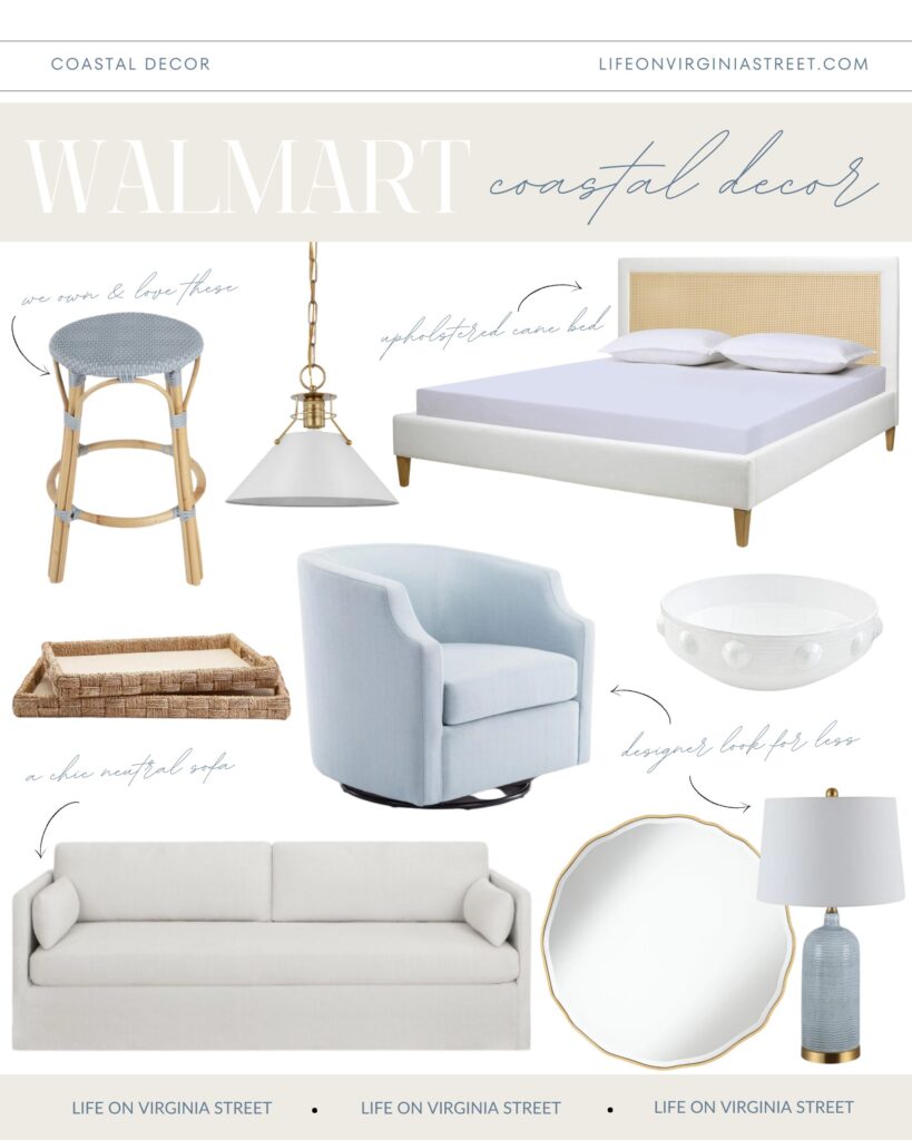 Pretty neutral, blue and white coastal home decor finds all from Walmart! Includes a blue and rattan counter stool, upholstered cane bed, woven trays, light blue swivel chair, slipcovered sofa, wavy mirror and blue ceramic lamp.