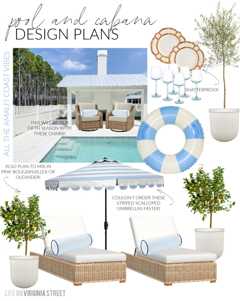 Amalfi Coast Pool and Cabana Design Plans with chaise lounge chairs, striped and scalloped umbrellas, lemon trees, olive tree, cabana striped pool floats and more!