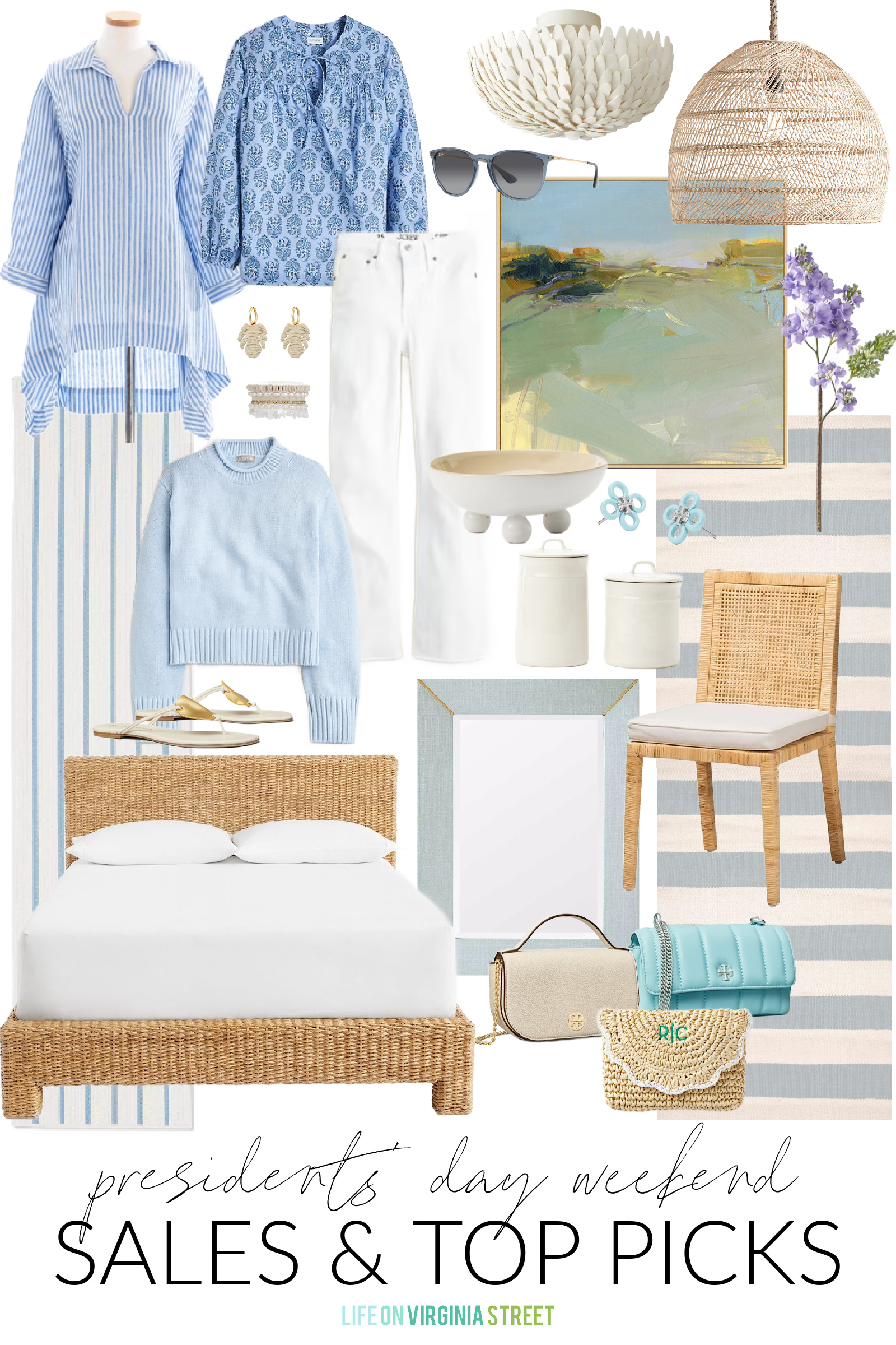 The best 2024 Presidents' Day Weekend sale finds for home decor and women's fashion! Includes coastal and preppy finds like this woven bed frame, striped blue rugs, blue block print shirt, striped beach kaftan, white jeans, spring decor, and more!
