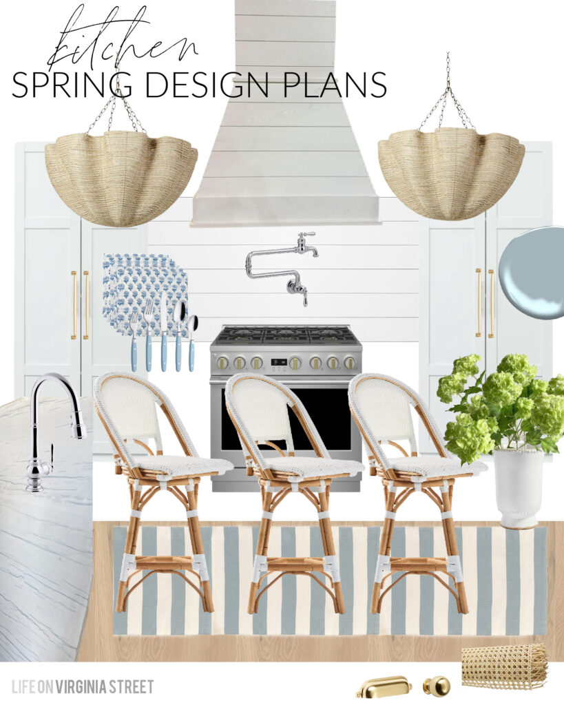 A spring design board for a coastal kitchen! Includes scalloped woven chandeliers, a blue striped runner rug, white swivel counter stools, faux viburnum stems in a white vase, blue block print napkins, light blue flatware, and chrome faucet and potfiller.