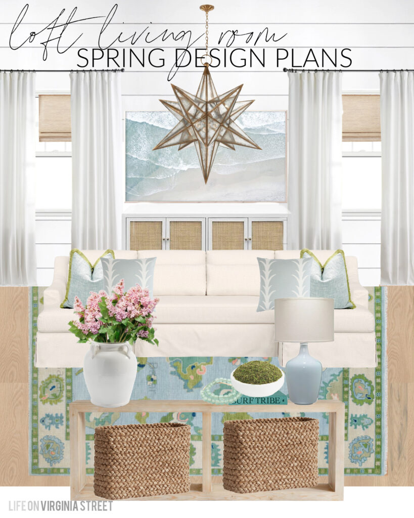 A 2024 spring design board for a loft living room with a linen sectional, star chandelier, colorful oushak rug, faux pink lilacs, a wood console table, blue ceramic lamp, white bowl filled with moss and other coastal and spring accents.