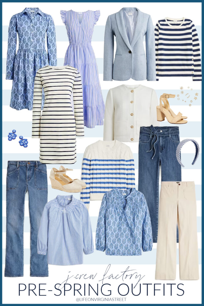 J. Crew Factory new arrivals for spring! Includes spring outfit ideas in shades of blue, including a block print dress, striped midi dress, striped t-shirt dress, cute spring tops, and striped cable knit sweater, and more!