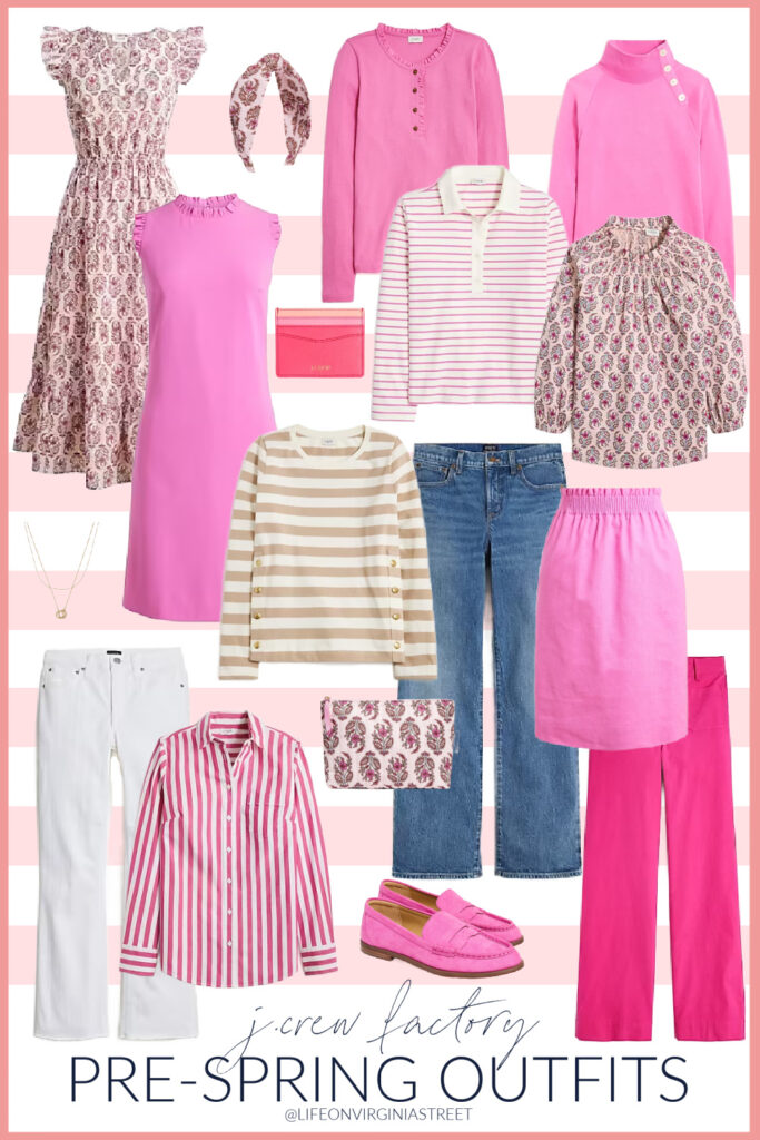 Cute new outfit arrivals from J. Crew Factory for spring! Includes a pink block print midi dress, ruffle dress, button collar sweatshirt, linen blend skirt, striped top, and white jeans. Cute outfit ideas for spring, the office, or for going out!