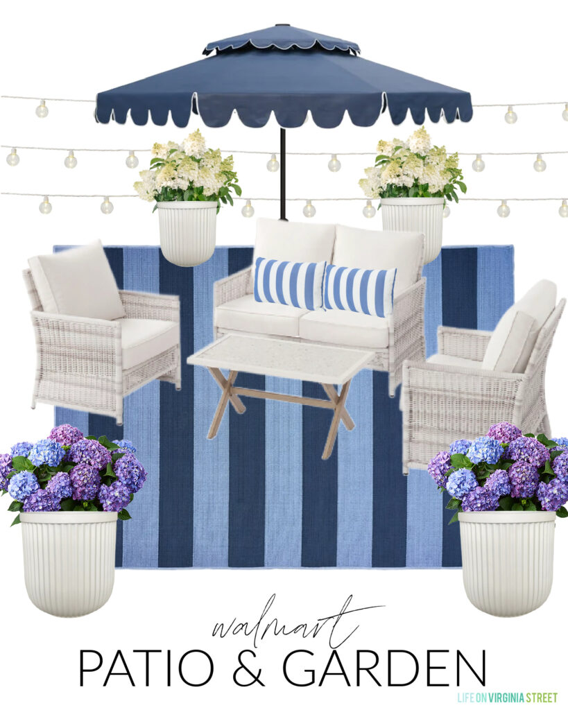 A Walmart outdoor furniture design board featuring a scalloped navy blue umbrella, whitewashed outdoor furniture set, hydrangeas, and blue striped rug and string lights.