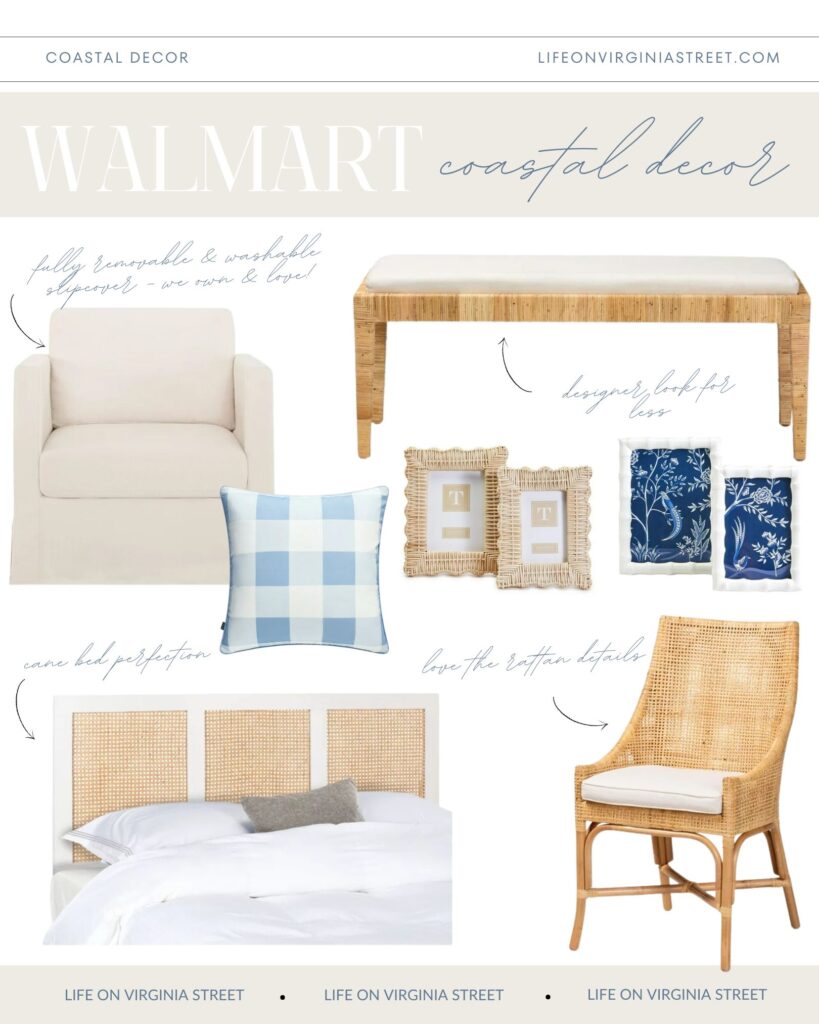Walmart Coastal Home Decor finds that include a slipcovered swivel armchair, light blue buffalo check pillow cover, a rattan bench, cane headboard, cute picture frames and a rattan armchair.