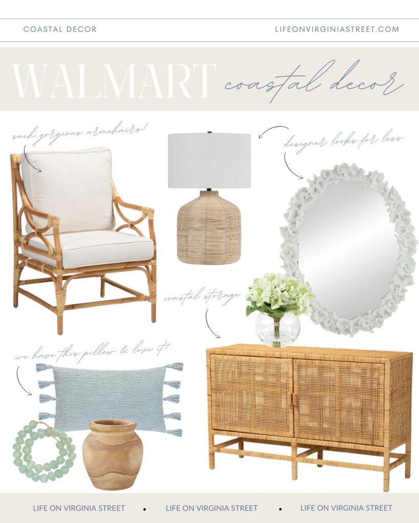 Gorgeous coastal decor finds all from Walmart! Includes a rattan armchair, coral mirror, rattan lamp, faux hydrangea arrangement, blue gray throw pillow, recycled glass beads, a wood vase, and a rattan storage cabinet.