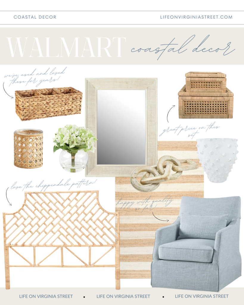 Walmart coastal home decor including the cutest chippendale headboard, striped jute rug, blue upholstered swivel armchair, a seagrass tank basket, faux hydrangeas, a whitewashed rattan mirror, cane storage boxes, a white ceramic dot planter, and cane candleholder.