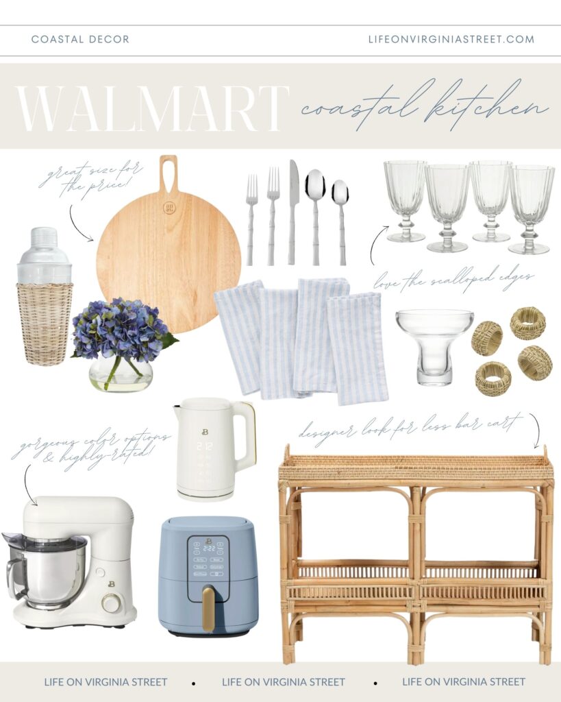 Walmart coastal kitchen finds that are perfect for a beach house or your kitchen by the sea! Includes a rattan wrapped cocktail shaker, wood serving board, rattan bar cart, scalloped goblets, striped linen napkins, blue and white kitchen appliances, and rattan napkin rings.