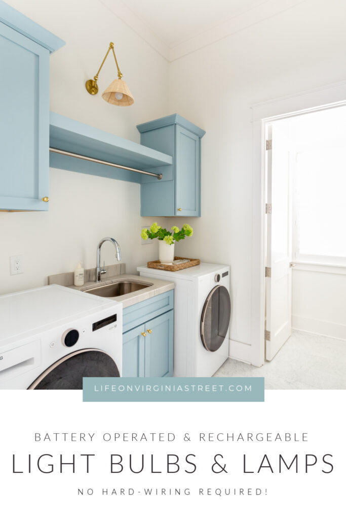Helpful information on the best battery operated light bulbs and lamps. These rechargeable lights are shown in a coastal laundry room with blue cabinets.