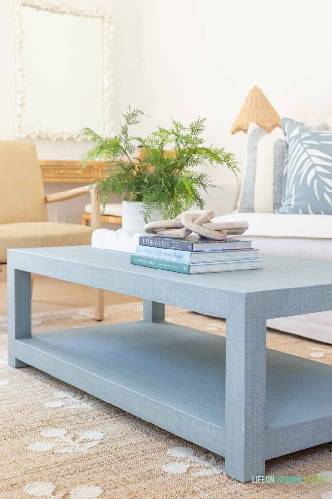 A blue Serena & Lily Driftway coffee table styled with design books, a faux fern, and light wood chain link. This Serena & Lily furniture review is very helpful!