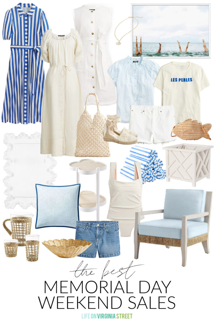 My top picks from the best 2024 Memorial Day weekend sales! Includes blue and white dresses, a coral style mirror, chippendale planter, light blue linen armchair, a wicker fish purse, blue and white striped pool towels, a square neck one-piece swimsuit, white denim shorts, ocean art and more!