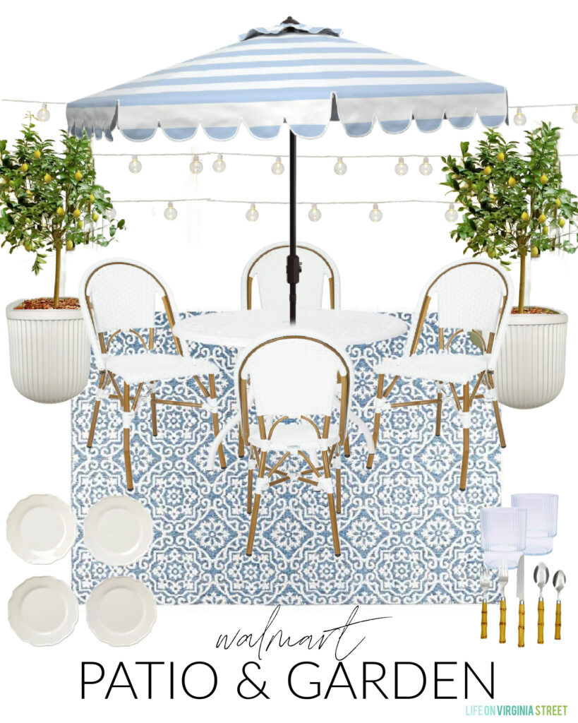 A Walmart outdoor dining design board featuring a striped scalloped umbrella, white bistro chairs, a round white dining table, a blue and white patterned outdoor rug, Meyer lemon trees, and outdoor dining essentials.