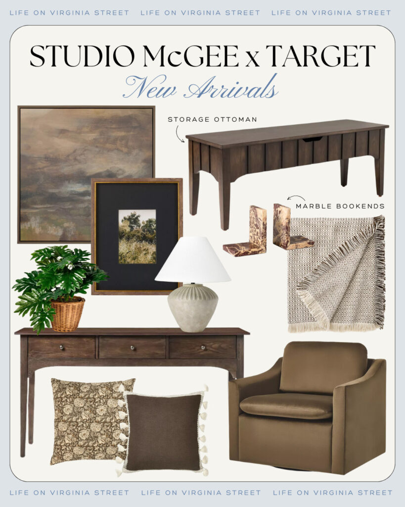 Favorite finds from the 2024 Studio McGee Target Fall Collection. Includes moody abstract art, dark wood furniture, ceramic lamp, cozy throw blanket, a velvet swivel armchair, brown floral throw pillows and more!