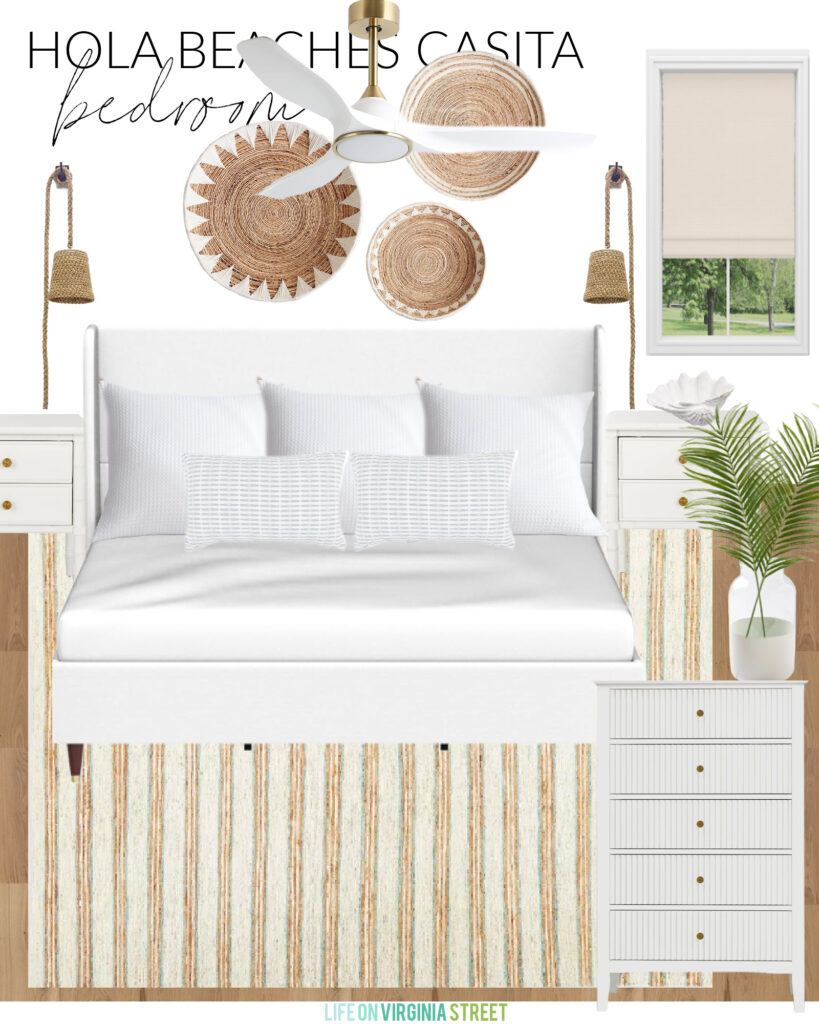 Hola Beaches Casita design plans for the first bedroom. Includes a white upholstered bed, woven basket art, hanging woven lamps, a striped jute rug, palm fronds, and beachy accents.