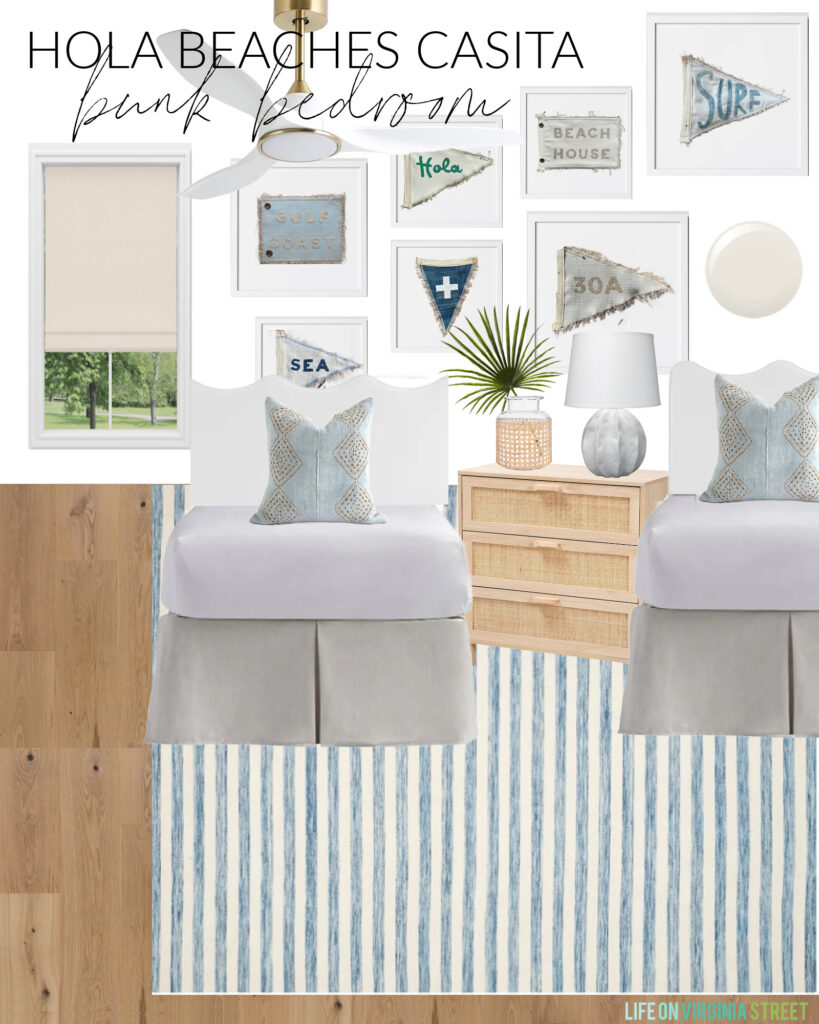 Hola Beaches Casita design plans for the bunk room! Includes wavy headboards, cute Florida and beach pennant art, a striped blue rug, rattan nightstand, and coastal accents.