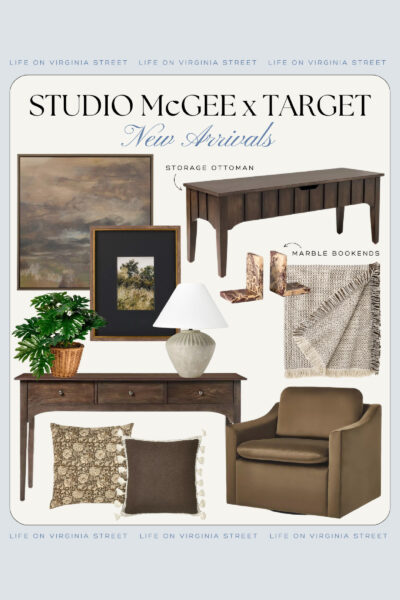 Favorite finds from the 2024 Studio McGee Target Fall Collection. Includes moody abstract art, dark wood furniture, ceramic lamp, cozy throw blanket, a velvet swivel armchair, brown floral throw pillows and more!