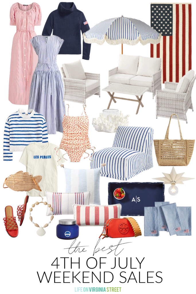 Best 2024 4th of July weekend sales including a vintage style American flag, patriotic outfits, outdoor patio set, wicker fish purse, beach sweaters, summer dresses, scalloped tray, crochet totes, striped beach umbrella, polka dot swimsuit, and more!