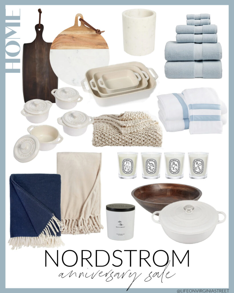 2024 Nordstrom Anniversary Sale picks for the home including cozy throw blankets, candles, gift ideas, wood serving boards, Dutch ovens, plush towels, marble kitchen accessories and more!