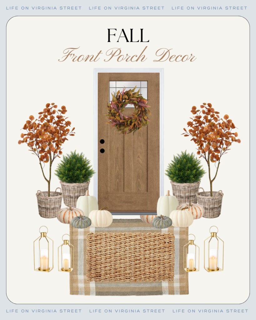 These fall front porch ideas are the perfect way to add a touch of autumn to your outside space! Includes a fall wreath, faux fall plants, layering rugs, faux pumpkins, gold lanterns, and more!