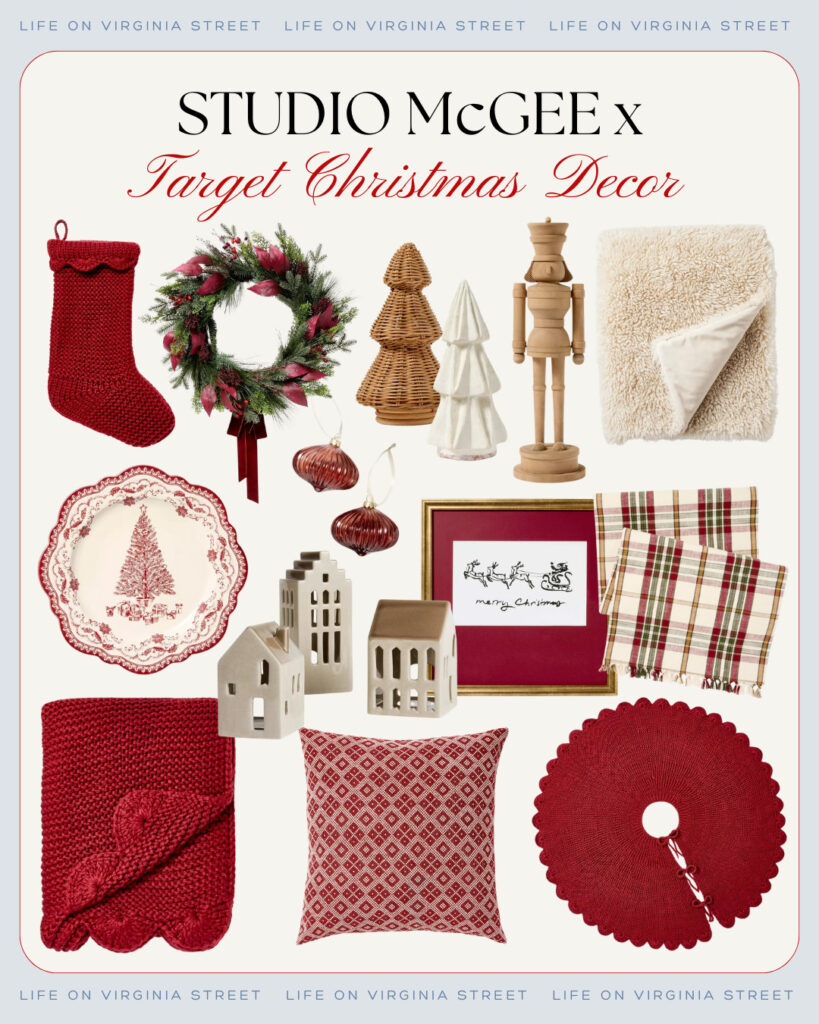 Target Studio McGee Christmas decor for 2024! Includes a red scalloped stocking, rattan Christmas trees, light wood nutcracker, faux fur throw blanket, scalloped tree skirt, plaid table runner, ceramic house village, fluted glass ornaments, and more!