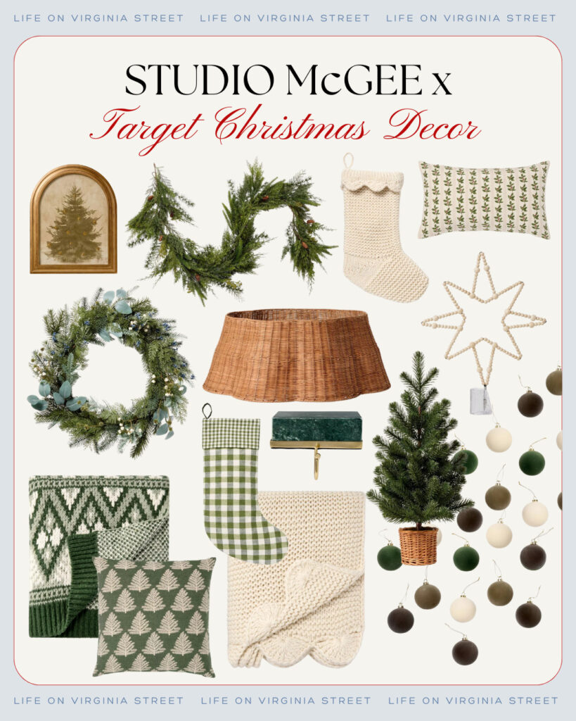 Top picks from the Studio McGee Christmas collection at Target! Includes a wicker tree collar, full garland, velvet ornaments, wood bead star tree topper, gingham stockings, scalloped stocking, scalloped knit throw blanket, and cozy Christmas decor.