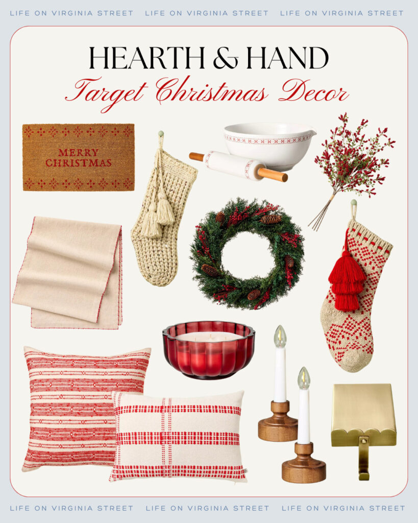 Hearth & Hand Christmas decor from Target! Includes a Merry Christmas doormat, red and white Christmas stoneware, chunky knit stockings, fair isle stockings, embroidered edge table runner, faux candles for windows, scalloped brass stocking holder, and more!