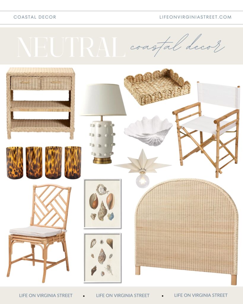 Neutral coastal decor including a braided rattan nightstand, scalloped tray, bamboo directors chair, tortoise drinking glasses, seashell art, and a chippendale dining chair.