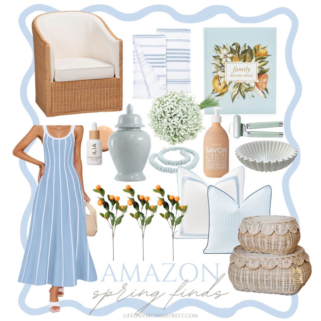 Cute Amazon spring finds including a blue striped sundress, woven armchair, citrus family recipe book, baby's breath, tangerines, light blue pillow covers, ginger jars, and scalloped baskets.