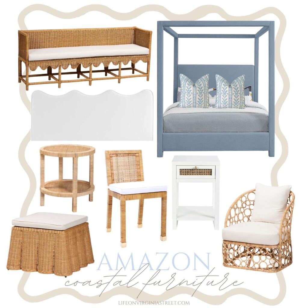 Cute new Amazon coastal furniture finds! Includes a blue upholstered canopy bed, scalloped wicker bench, wavy headboard, scalloped ottoman, rattan armchair, cane side table, and rattan dining chair.