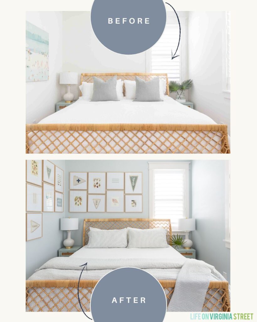 Carriage house coastal bedroom updates, transforming this plain white space into a serene coastal retreat for our guests!