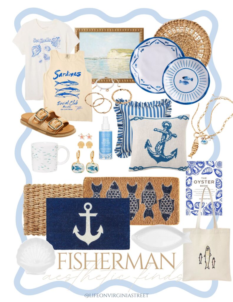 Fisherman aesthetic finds that embrace the fisher core trend! Incldues picks for home decor and fashion like a fish tank top, seashell t-shirt, coastal art, anchor throw pillow, anchor doormat, fish jewelery and more!