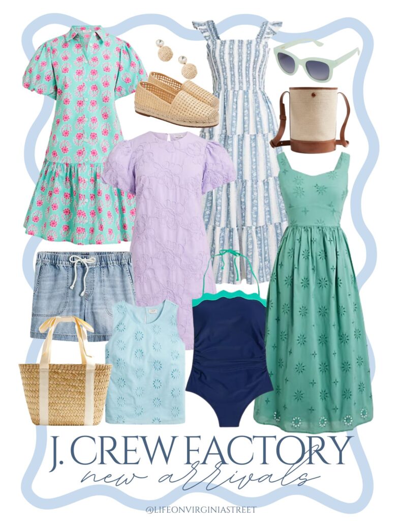 Cute new spring arrivals from J. Crew Factory! Includes a bubble sleeve floral dress, embroidered floral dress, eyelet tank dress, scalloped swimsuit, woven espadrille flats, drawstring denim shorts, eyelet tank, woven tote, and more!