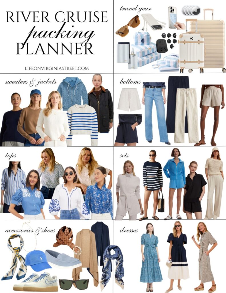 Rhine River Cruise packing ideas and planner! This helpful graphic shows sweaters, jackets, tops, bottoms, matching set, accessories, shoes, and dresses to pack for an adventure in Amsterdam and a Rhine River Cruise!