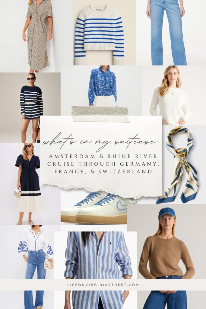 What's In My Suitcase: Amsterdam & Rhine River Cruise. Includes nautical inspired fashion like a striped rollneck sweater, wide-leg jeans, brown gingham shirtdress, blue floral top, ivory fisherman sweater, sneakers, blue and ivory fish scarf, cashmere sweaters, and more!