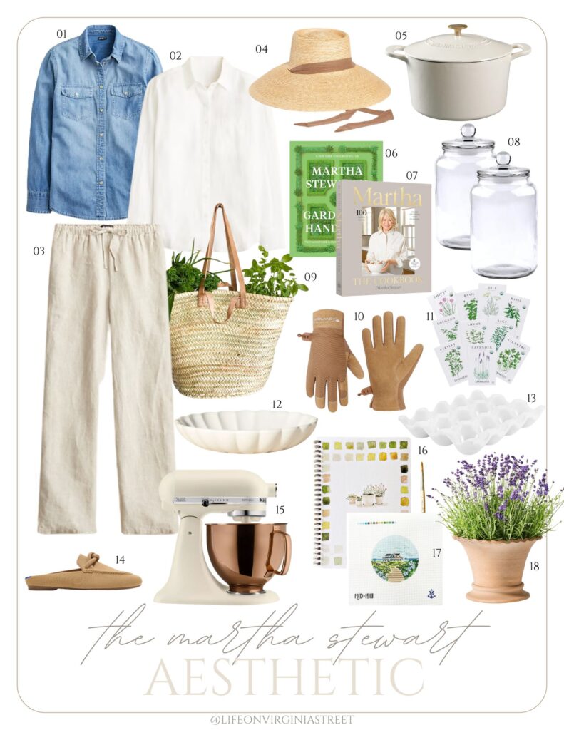 Try the trending Martha Stewart aesthetic with these items like natural fiber clothing, linen pants, denim shirt, linen shirt, and hobbies like planting your own herbs, watercolor workbook, preppy needlepoint, and more!