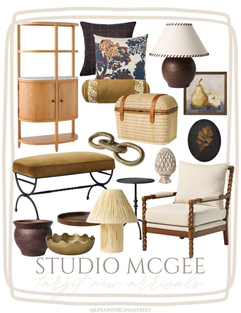 Favorite finds from the Fall 2025 Studio McGee Target Collection with Threshold. Includes a demi lune cabinet, braided armchair, upholstered metal bench, moody fall art, beautiful lamps, textured vases, and more!