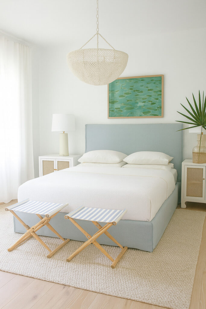 A 3D room design for a coastal bedroom. Learn how to make something similar with free AI software in a few easy steps!