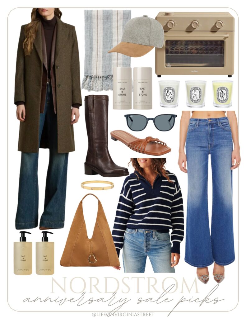 A preview of my 2025 Nordstrom Anniversary Sale picks for women's fashion, shoes, boots, home, and beauty! Includes a gorgeous Ralph Lauren coat, MOTHER jeans, a striped linen throw blanket, a wool baseball cap, designer sandals and boots, clean deodorant, chic sunglasses, and a suede bucket bag.