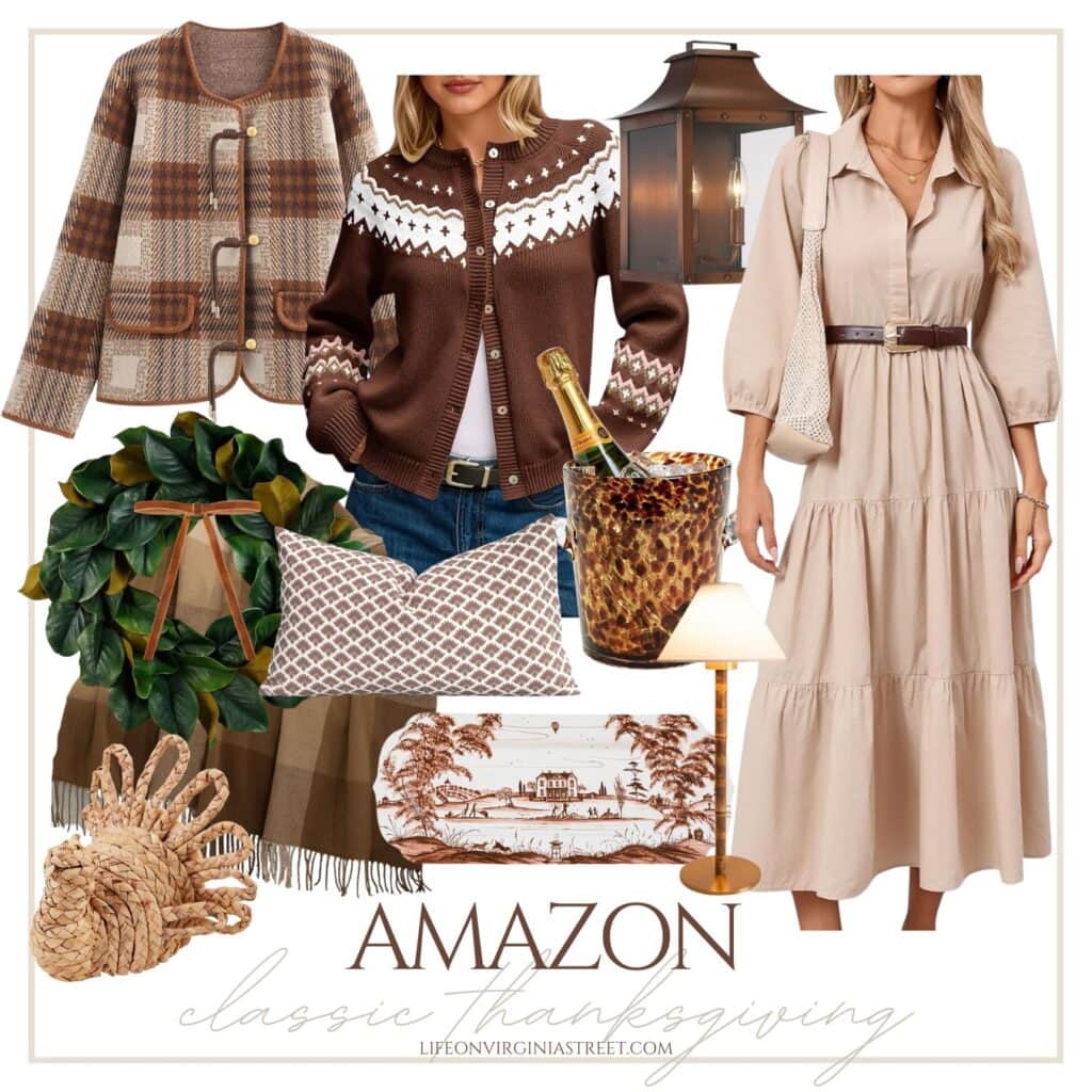 Chic, designer-inspired pieces from Amazon for your closet and home to celebrate the season in style. Includes a plaid sweater jacket, fair isle sweater, magonlia wreath, copper lantern and more!