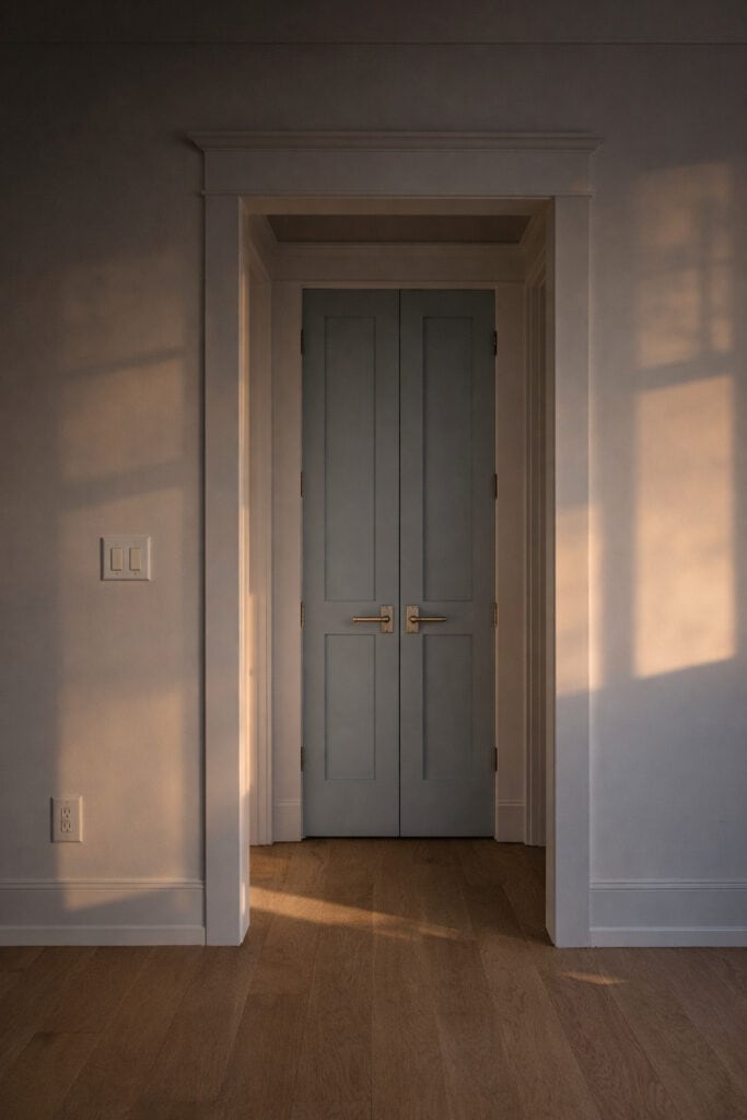 Interior doors painted Benjamin Moore Silver Gray in a room with white oak hardwood floors. Walls and trim are Benjamin Moore Chantilly Lace. Shown at sunset in natural lighting.