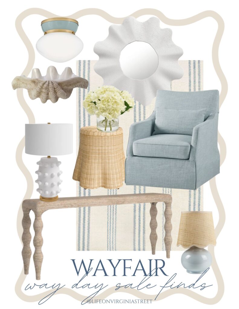 Sharing my top picks from Wayfair's 2026 Way Day sale including our favorite light blue swivel armchairs, our rope console table, designer look for less lamps, a light blue striped rug, clamshell decor, scalloped side table, white wavy mirror, and chic flush mount lighting.