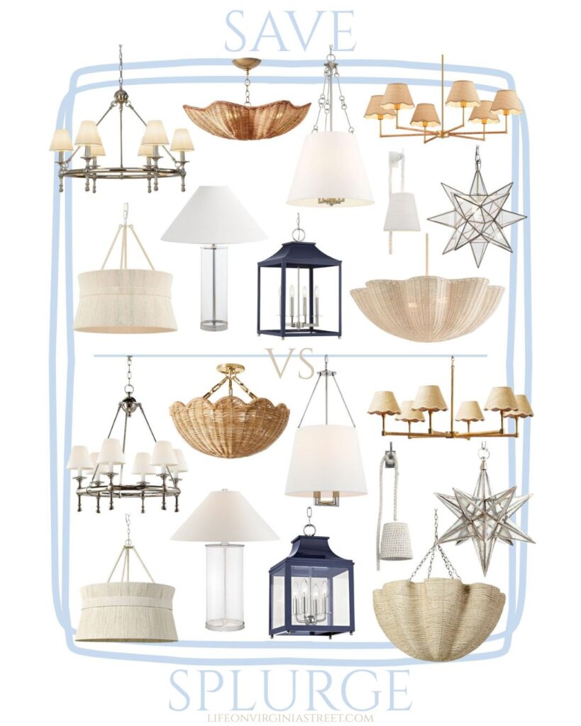 Get the coastal designer aesthetic on a budget with these save and splurge light fixtures! Includes rattan chandeliers, ring chandeliers, table lamps, and more!
