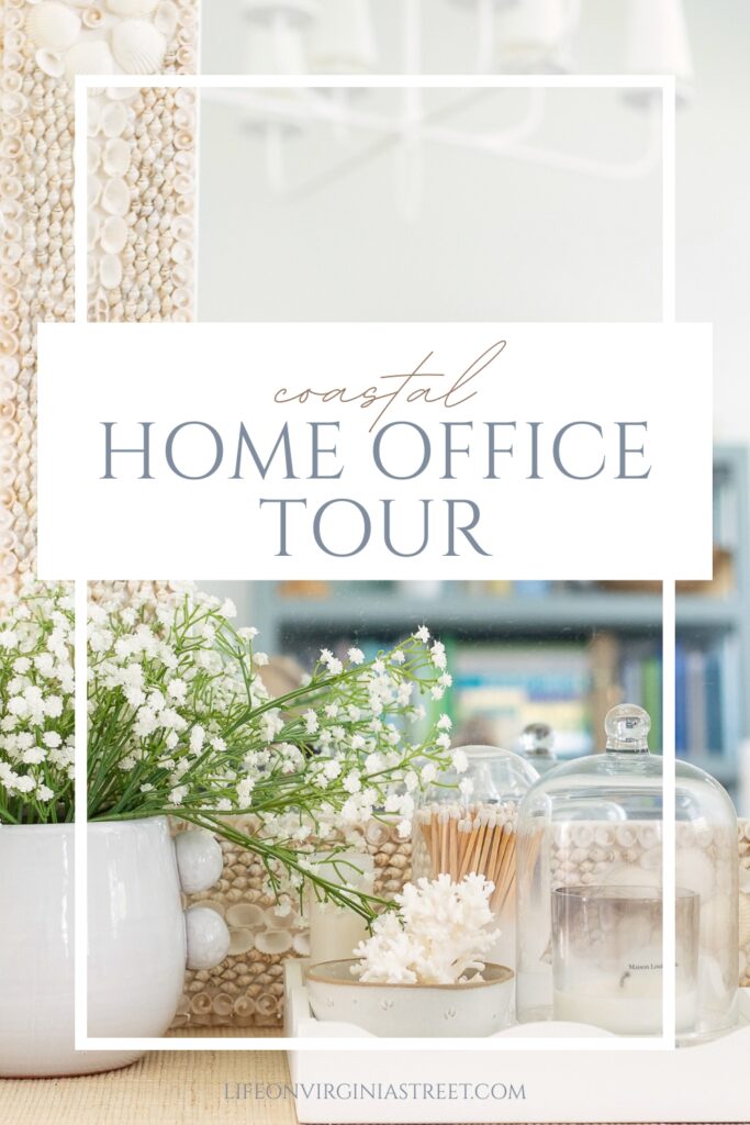 Step inside this coastal home office, decorated in shades of blue and sand with seashells, coral, and more!